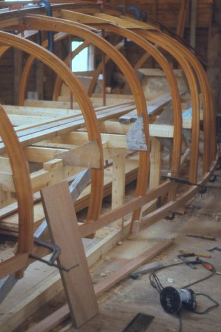 Frames erected on building jig, with keelson and sheer clamps